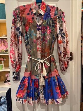 Beulah Style Tropical Colorful Button Down Drop Waist Pleated Boho Dress size S